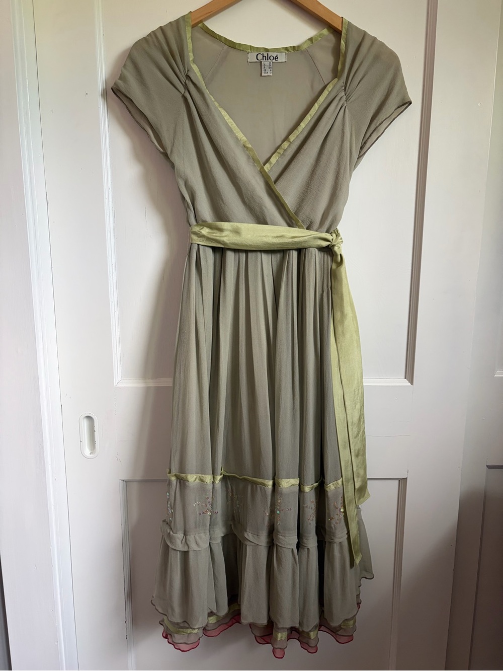 Vintage Chloé Sage Green Silk Dress with Lime Trim - 2